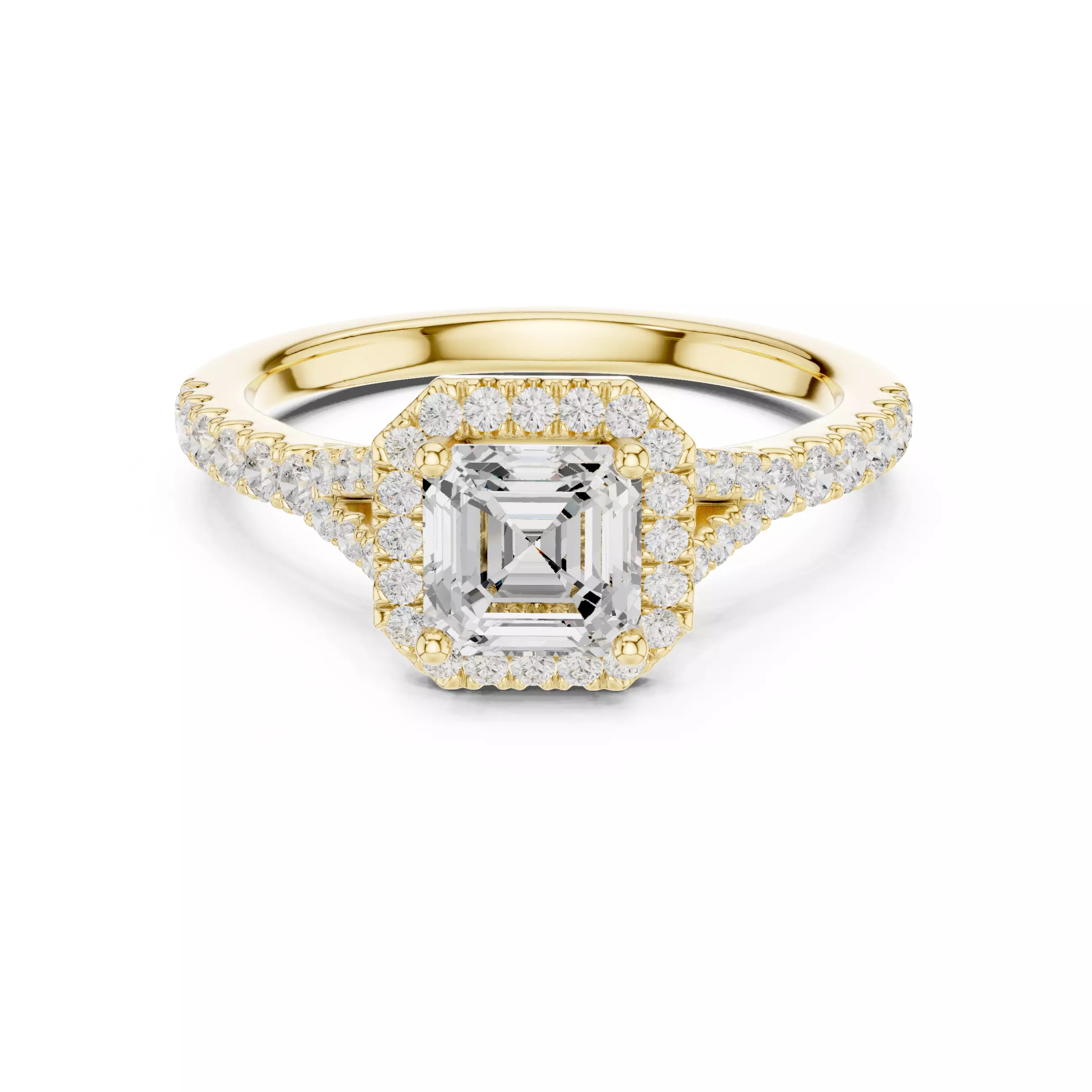 1CT Asscher Cut Halo Round Pave Shank Wedding Ring 3DM STL Video 3D print model_1