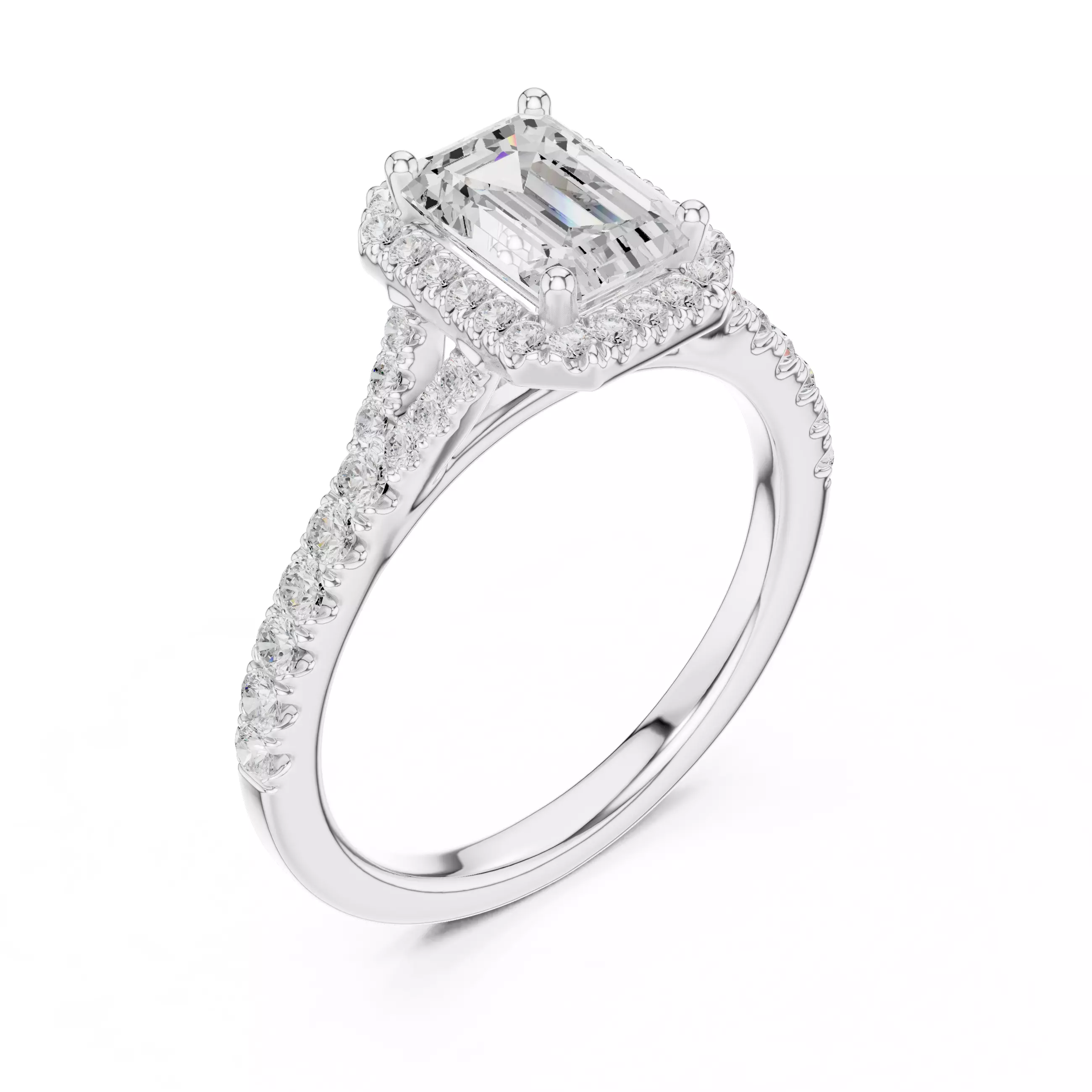 1CT Emerald Cut Halo Round Pave Shank Wedding Ring 3DM STL Video 3D print model_10