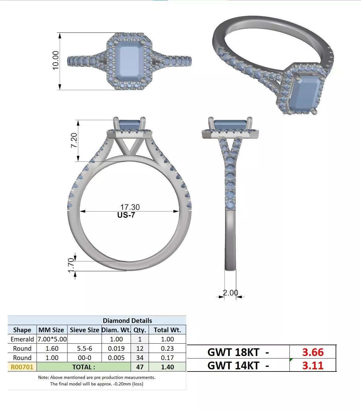 1CT Emerald Cut Halo Round Pave Shank Wedding Ring 3DM STL Video 3D print model_15