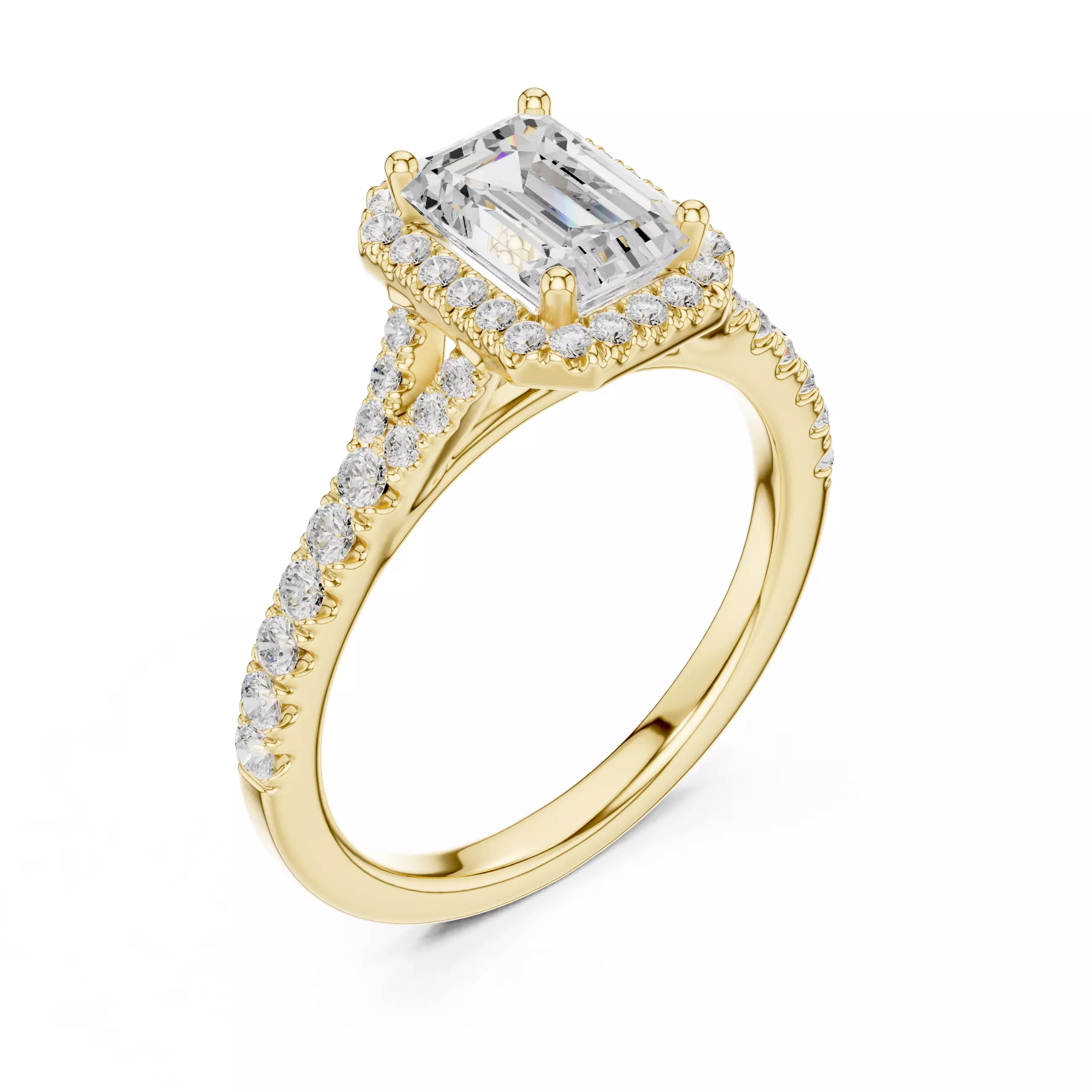 1CT Emerald Cut Halo Round Pave Shank Wedding Ring 3DM STL Video 3D print model_7