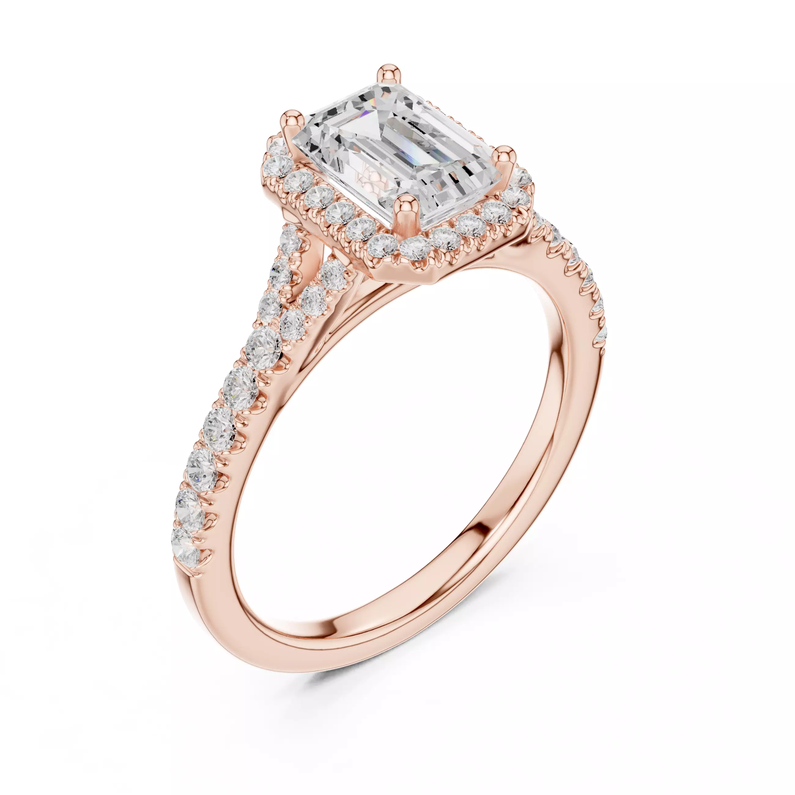 1CT Emerald Cut Halo Round Pave Shank Wedding Ring 3DM STL Video 3D print model_4