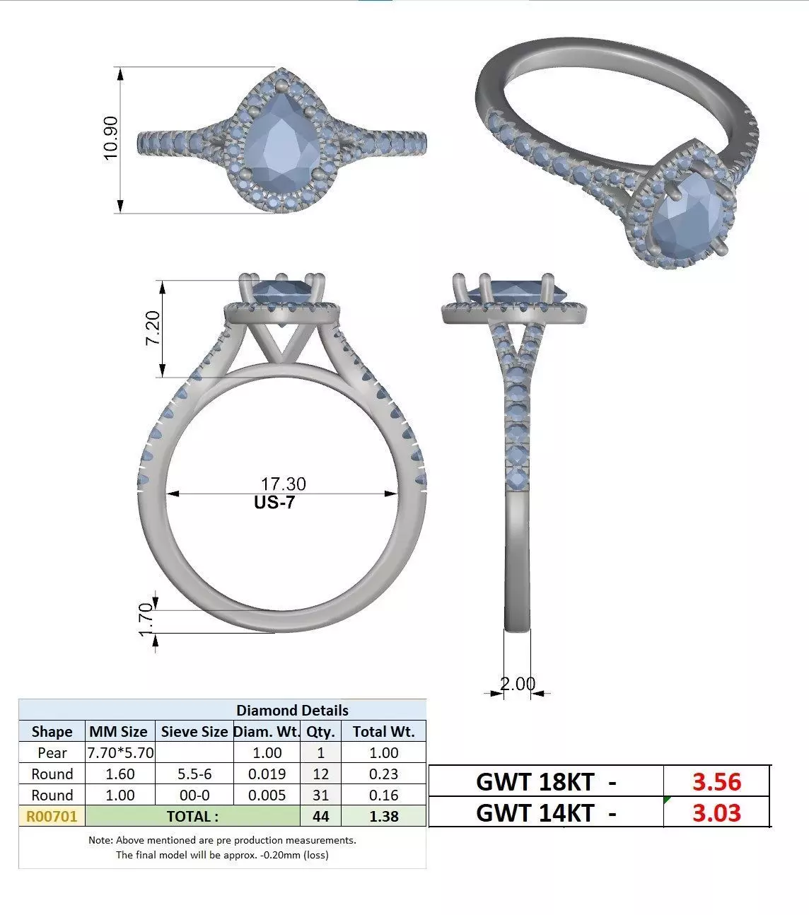 1CT Pear Cut Halo Round Pave Shank Wedding Ring 3DM STL Video 3D print model_15