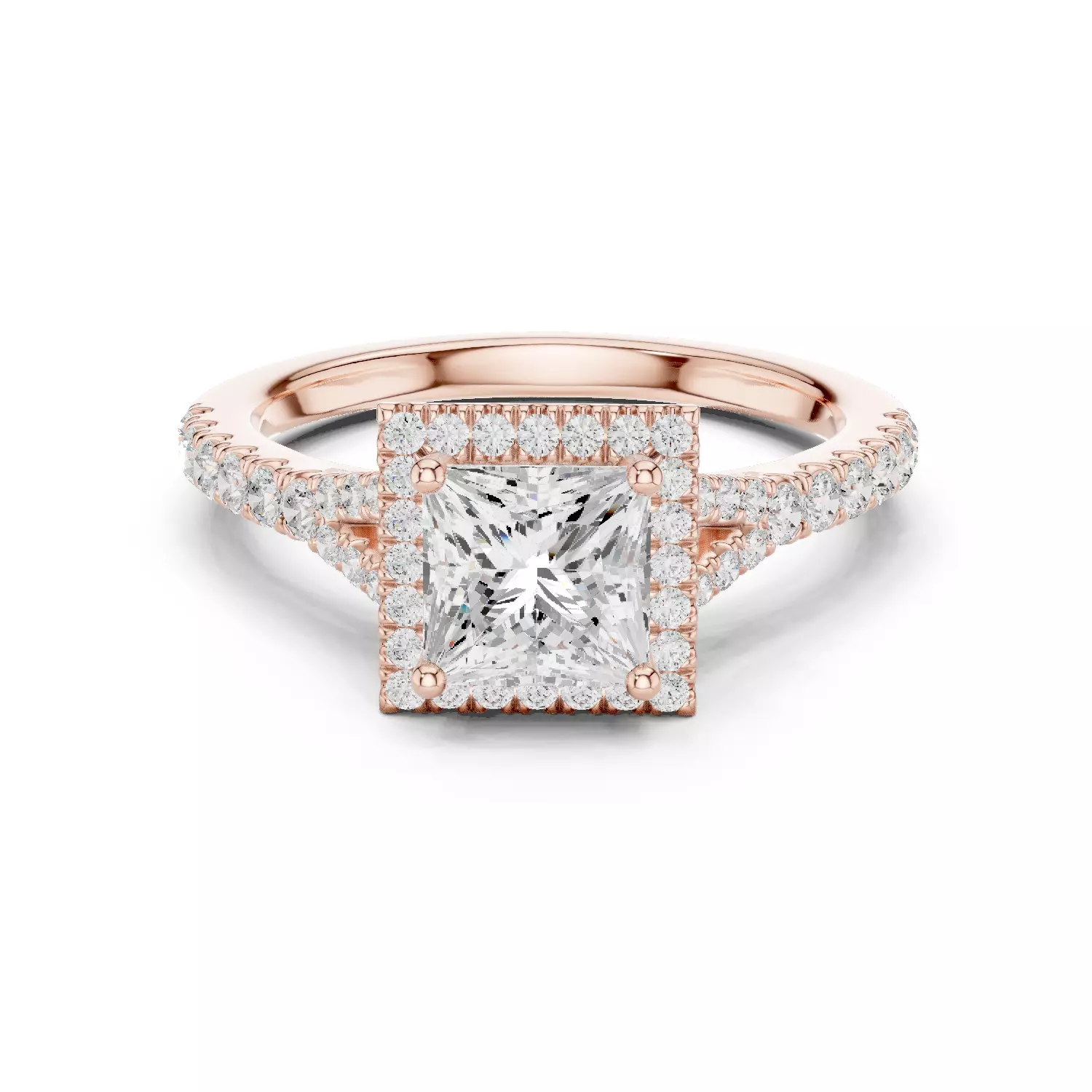 1CT Princess Cut Halo Round Pave Shank Wedding Ring File Video 3D print model_12