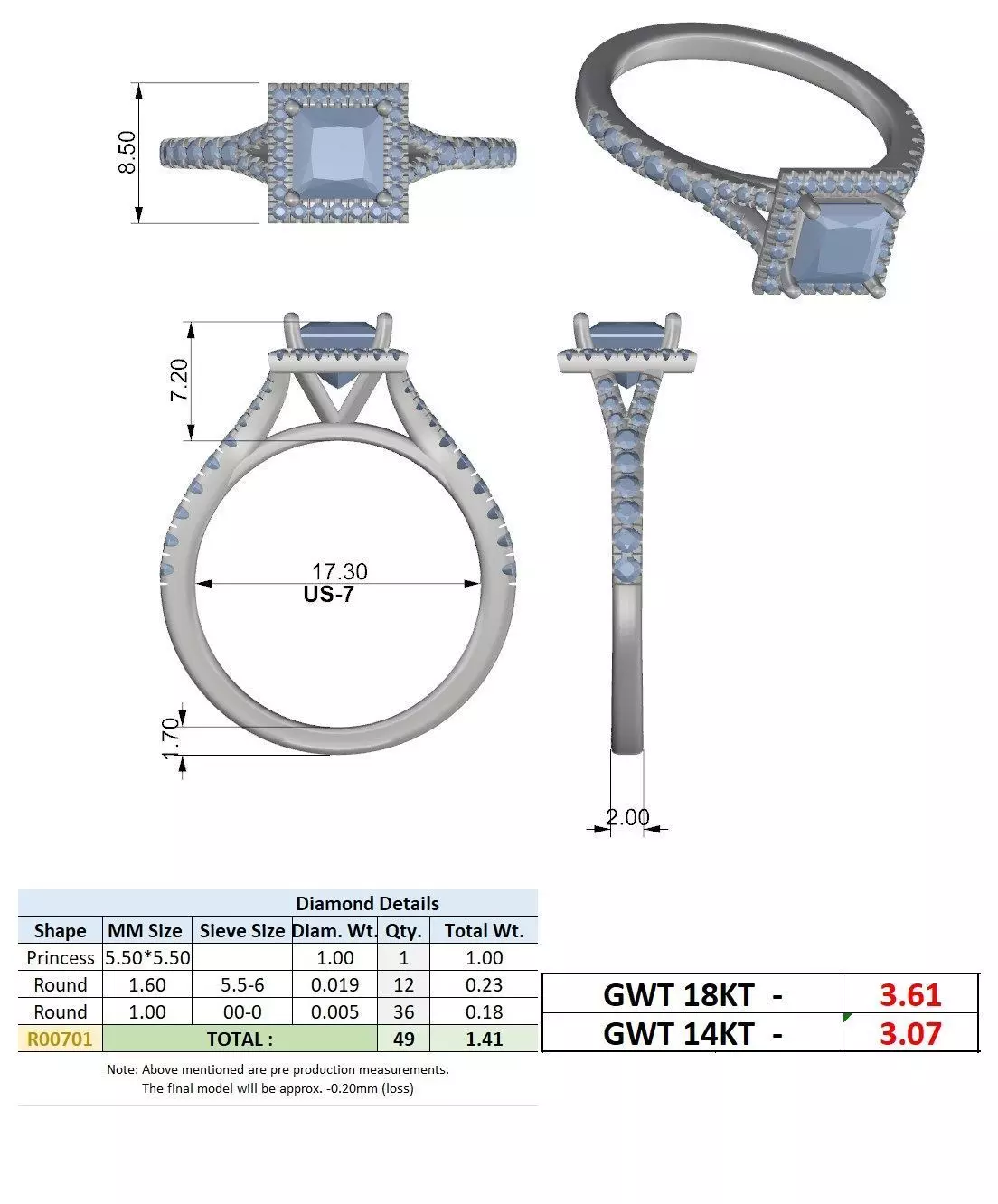 1CT Princess Cut Halo Round Pave Shank Wedding Ring File Video 3D print model_15