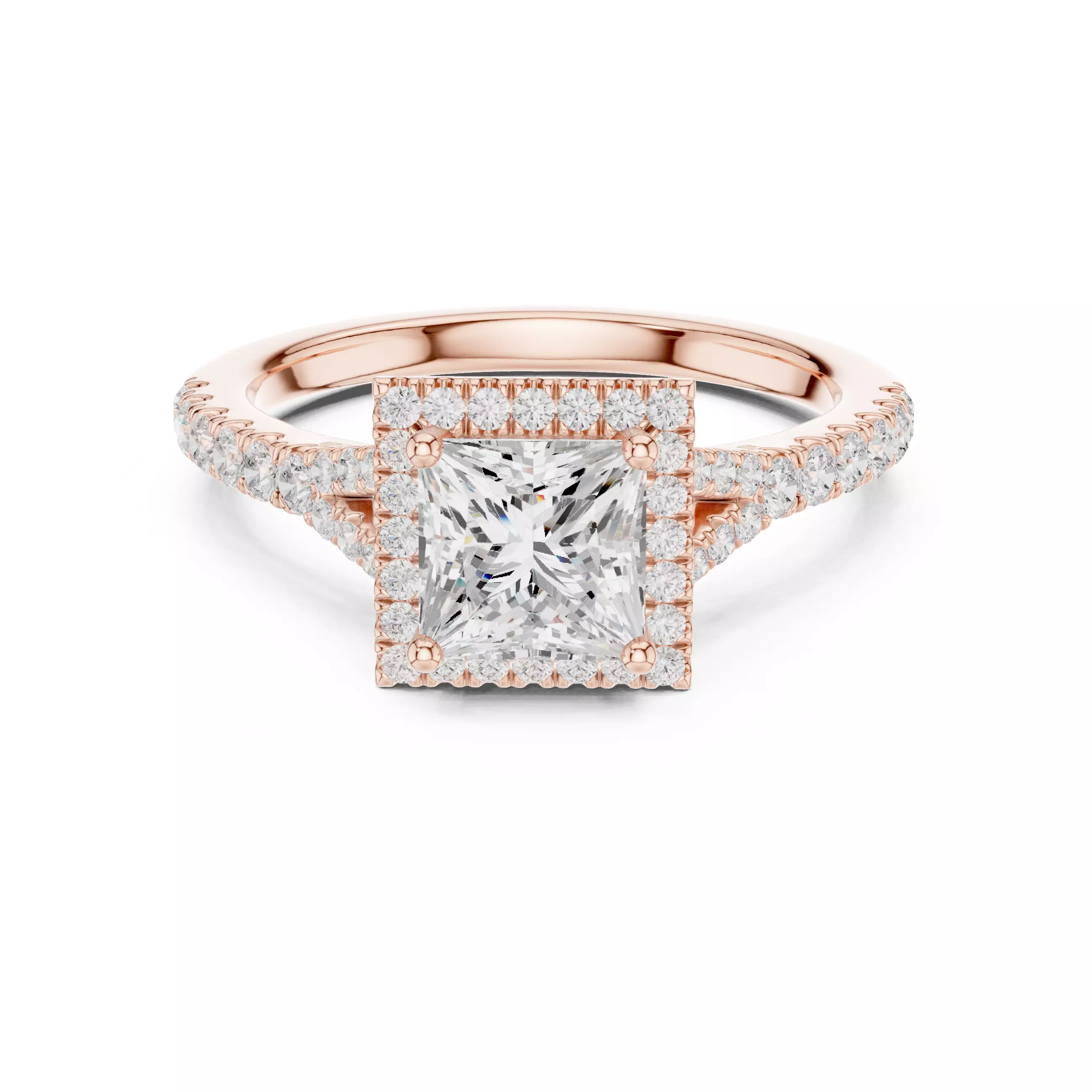 1CT Princess Cut Halo Round Pave Shank Wedding Ring File Video 3D print model_0