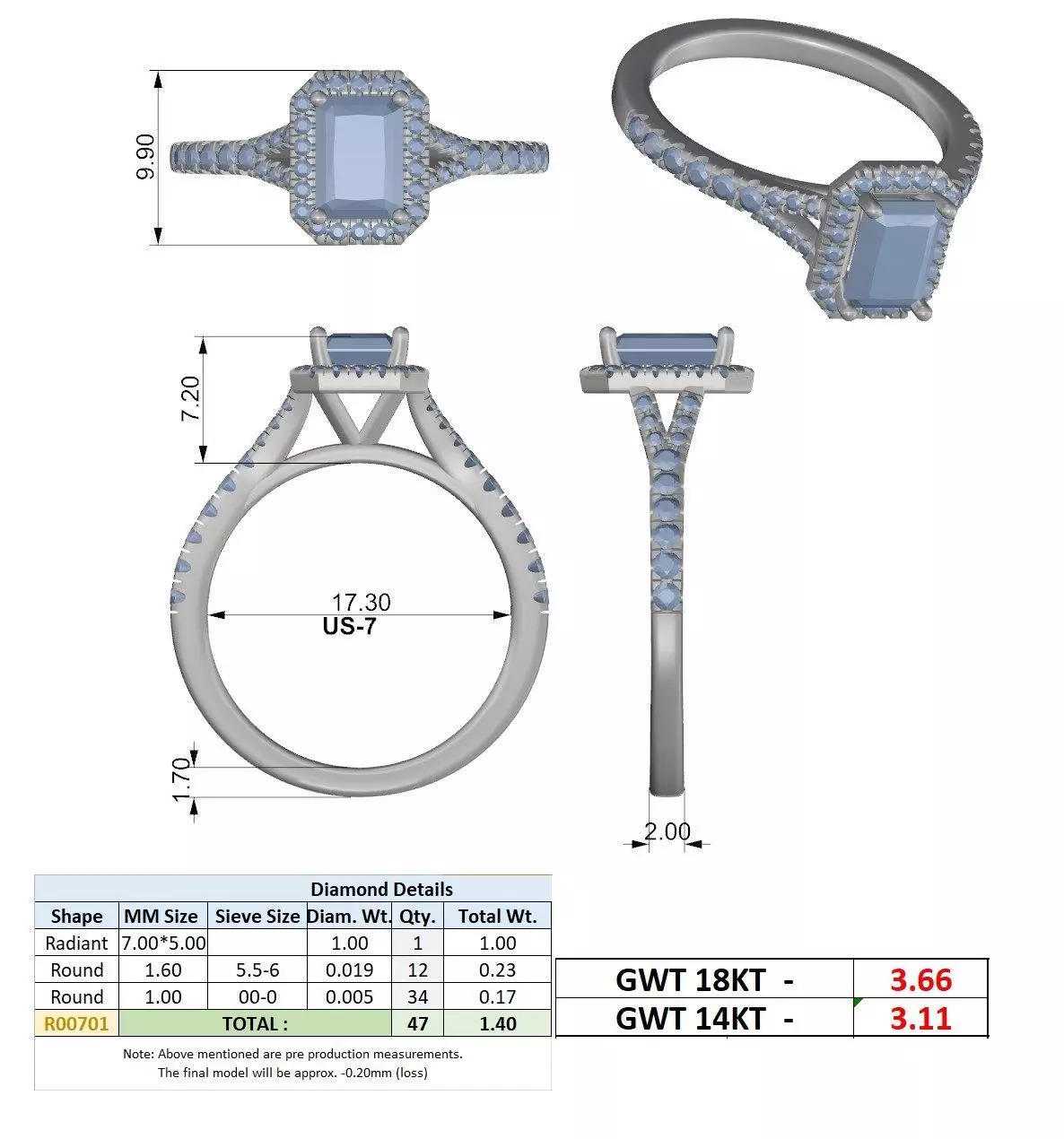 1CT Radiant Cut Halo Round Pave Shank Wedding Ring 3DM STL Video 3D print model_15