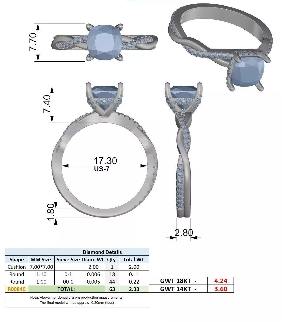 Twisted Shank Cushion Cut Diamond Engagement Ring 3DM STL Video 3D print model_15