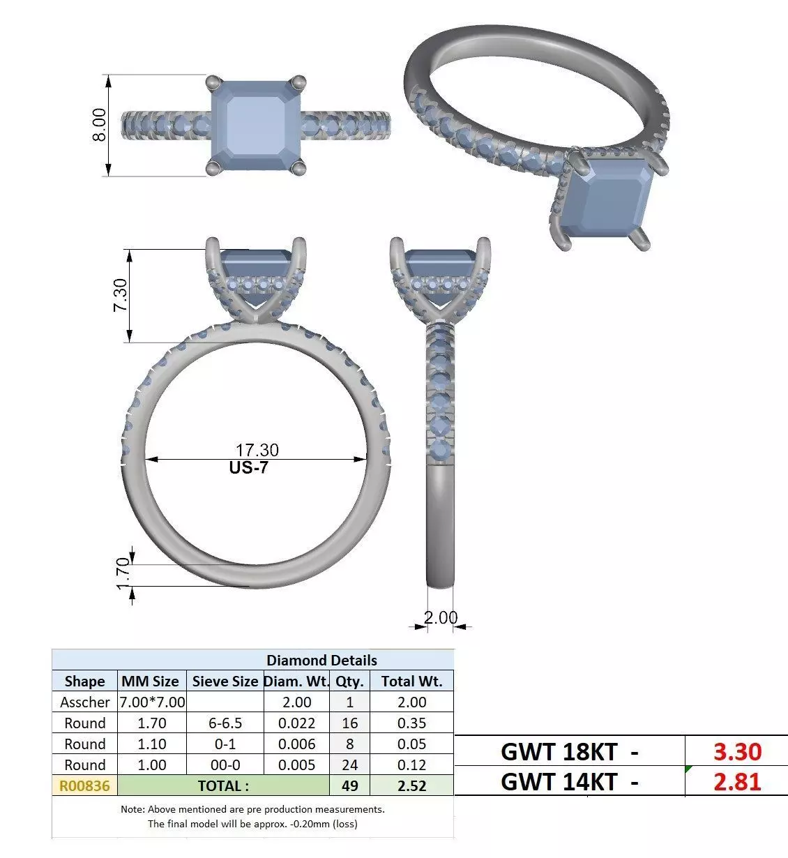2CT Asscher Cut Hidden Halo Diamond Engagement Ring File Video 3D print model_15