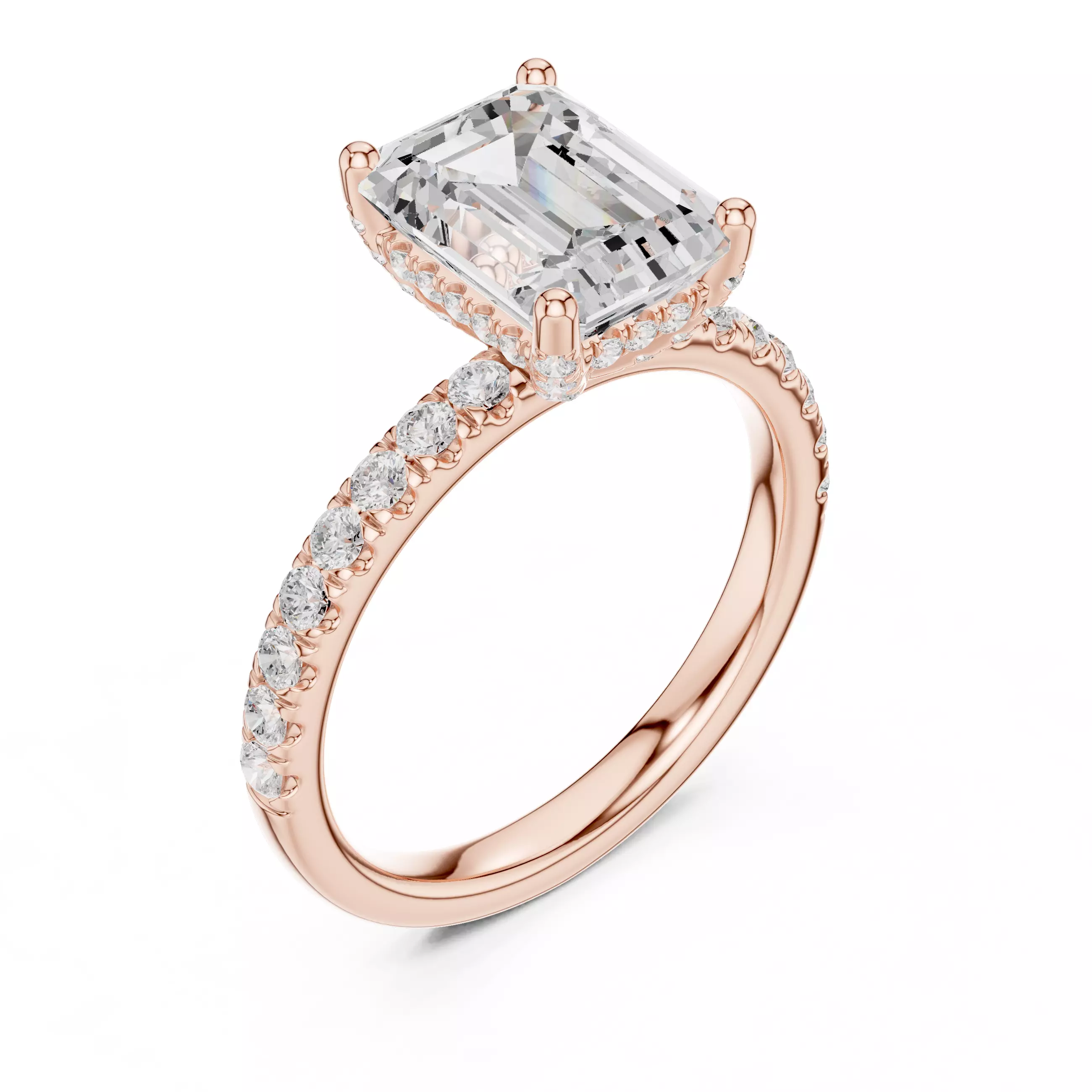 2CT Emerald Cut Hidden Halo Diamond Engagement Ring File Video 3D print model_4