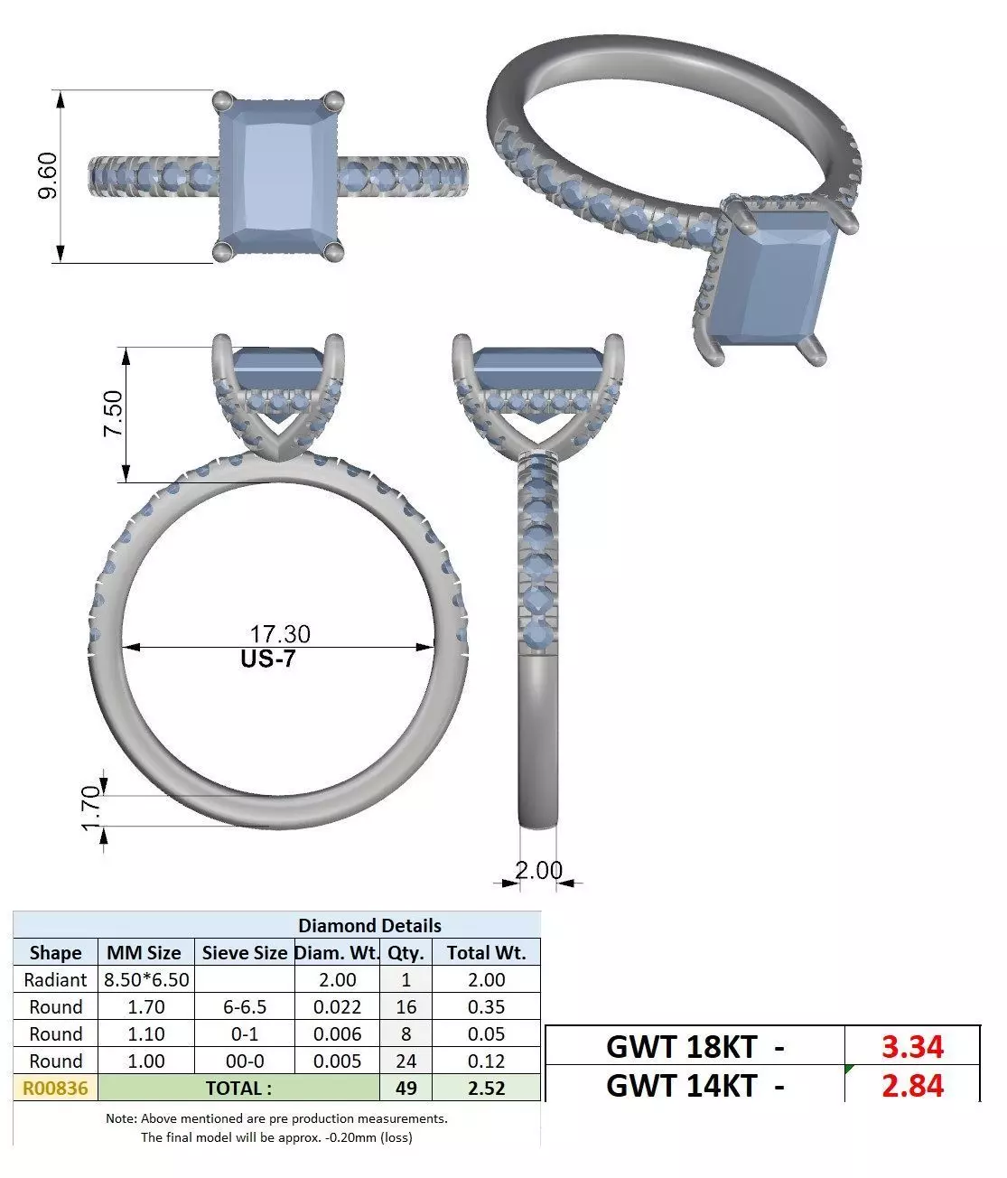 2CT Radiant Cut Hidden Halo Diamond Engagement Ring File Video 3D print model_15