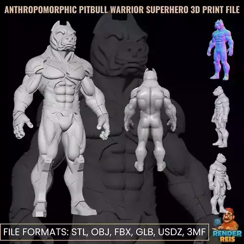 Anthropomorphic Pitbull Warrior Superhero 3D Print File 3D print model