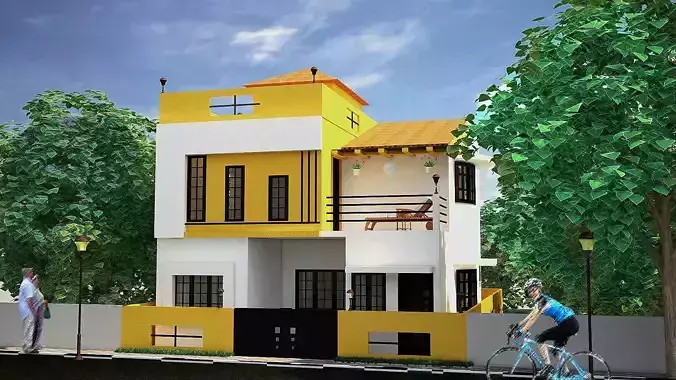 Exterior model of a house with both day and night rendering