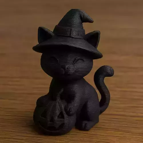 Halloween Black Cat Figurine with Pumpkin and Witch Hat