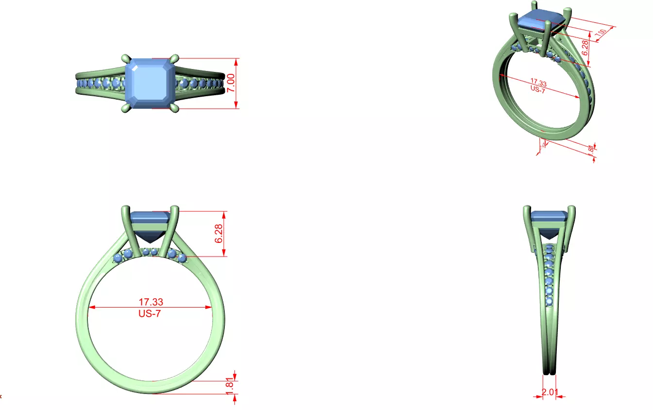 7mm Asscher Cut Diamond Engagement Wedding Ring 3DM STL Video 3D print model_12