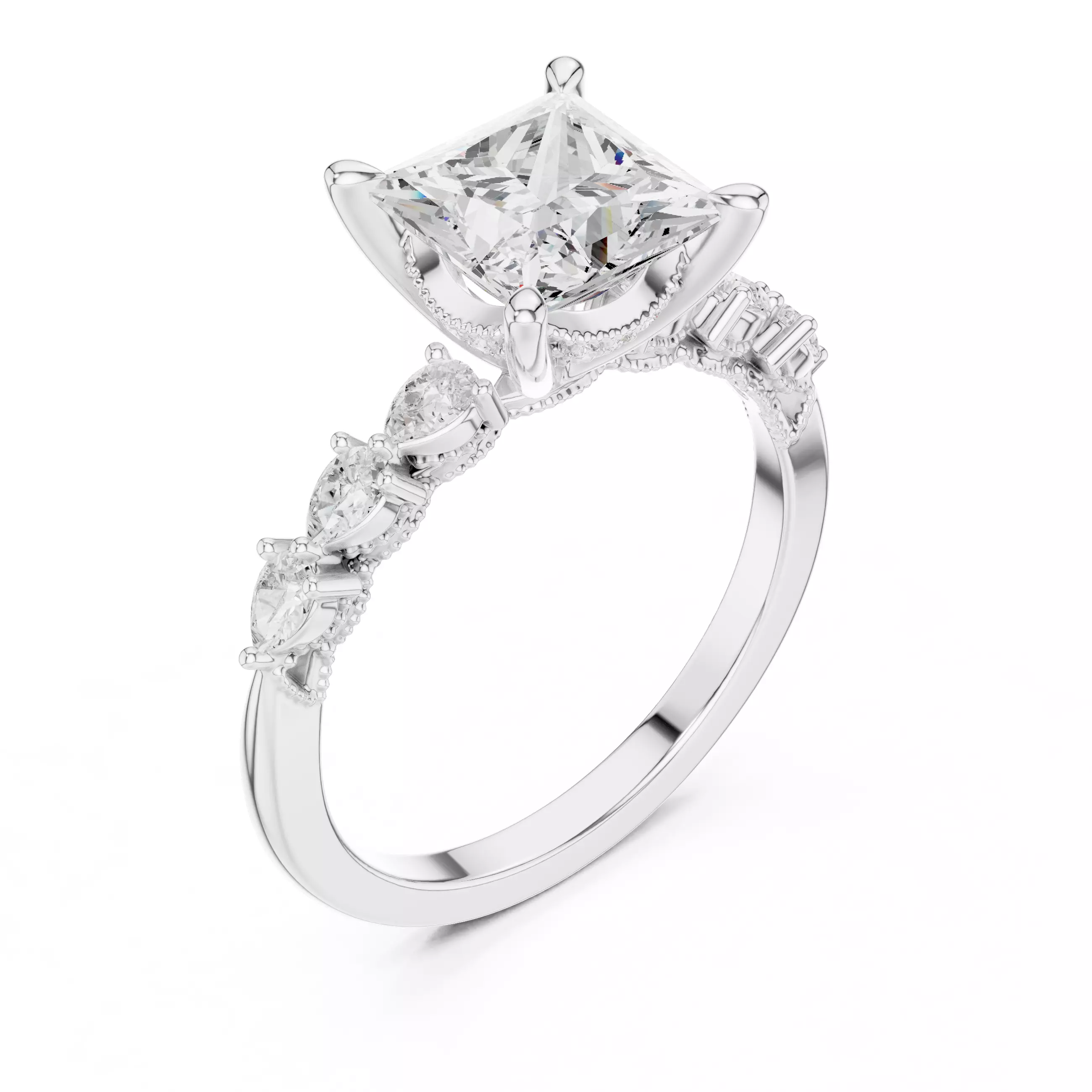 Princess and Pear Diamond Engagement Wedding Ring 3DM STL Video 3D print model_10