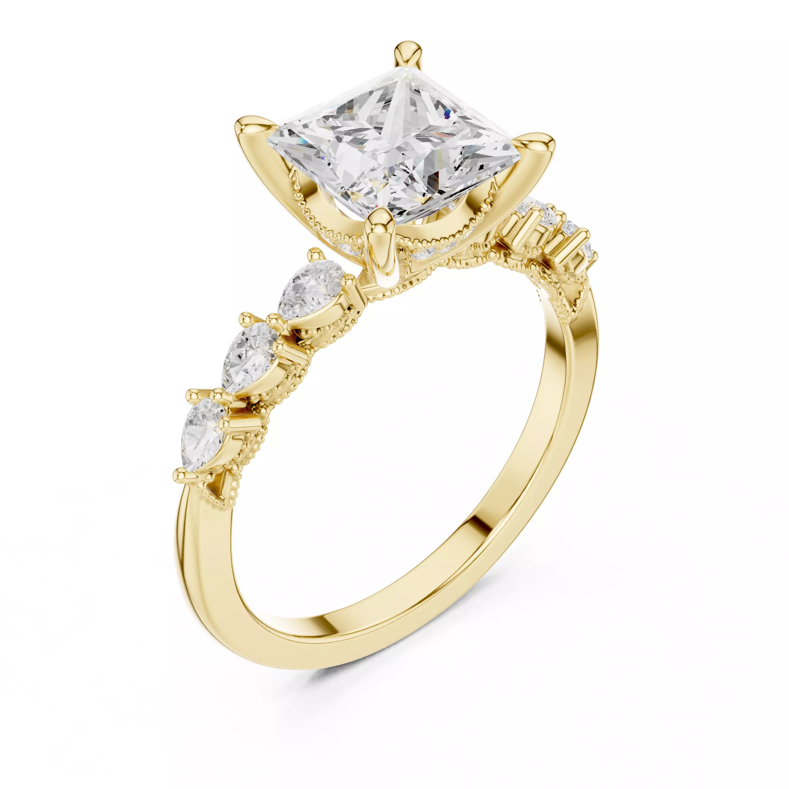 Princess and Pear Diamond Engagement Wedding Ring 3DM STL Video 3D print model_7