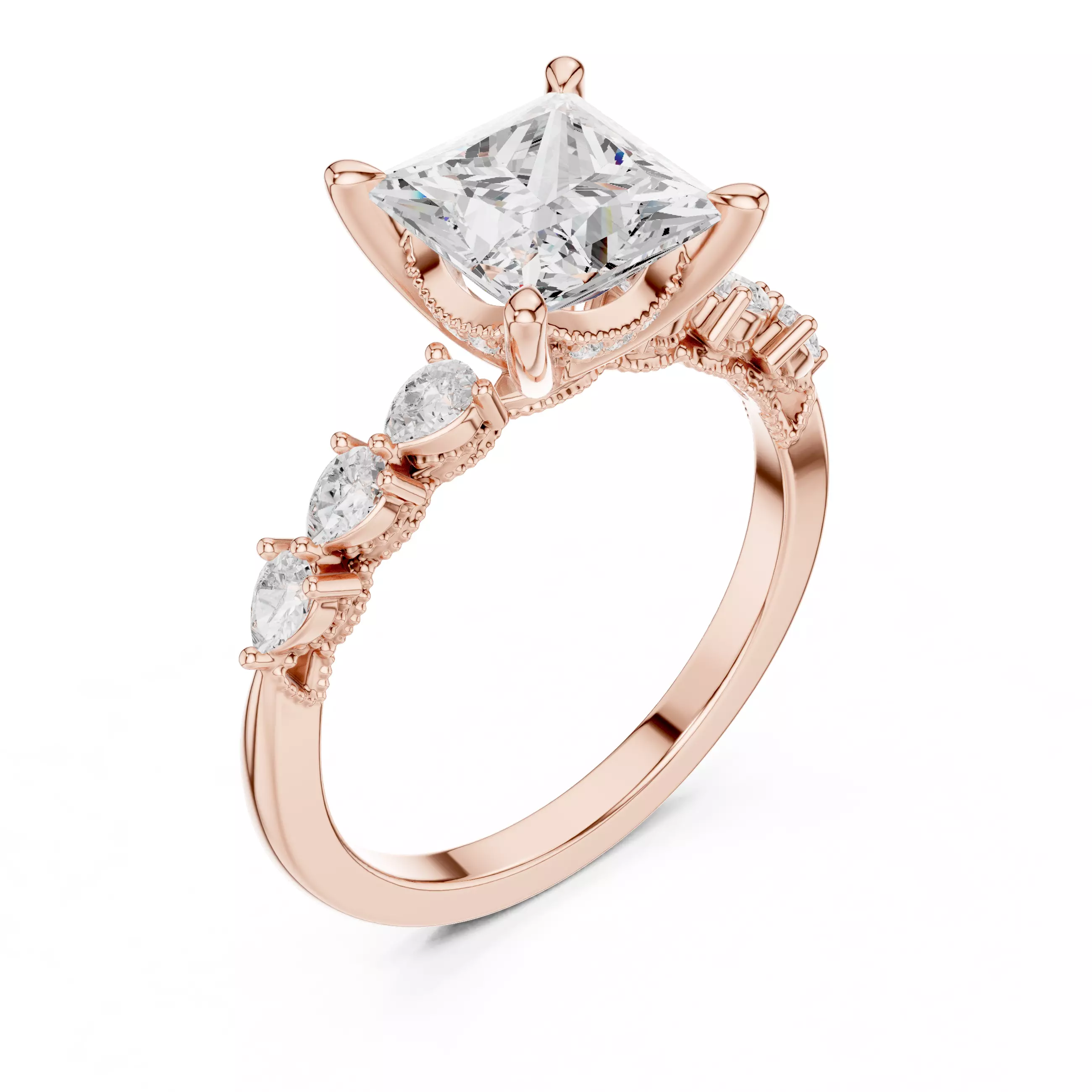 Princess and Pear Diamond Engagement Wedding Ring 3DM STL Video 3D print model_4