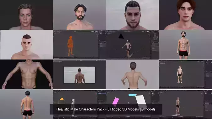 Realistic Male Characters Pack - 5 Rigged 3D Models 3D Model Collection