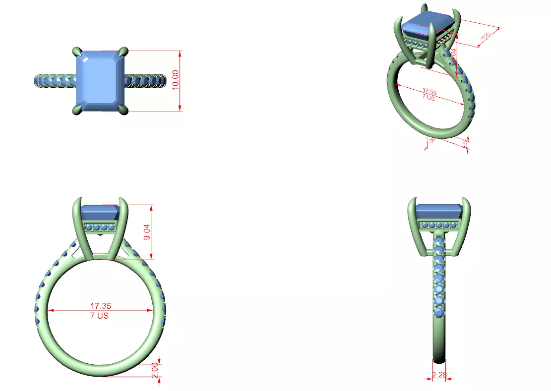 10x8mm Emerald Cut Diamond Engagement Wedding Ring 3DM STL Video 3D print model_12