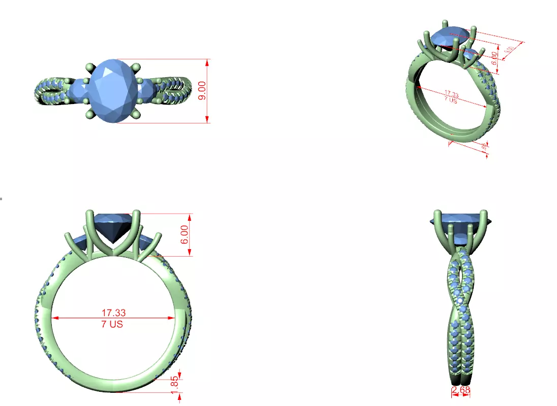 Twisted Shank Oval Cut Diamond Engagement Ring 3DM STL Video 3D print model_12