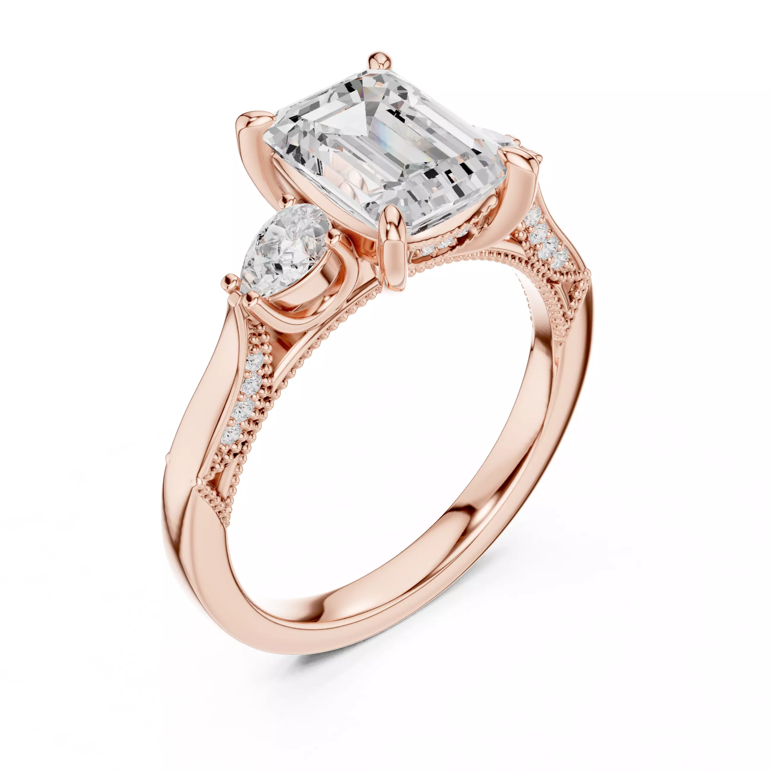 Emerald and Pear Cut Diamond Engagement Ring 3DM STL Video 3D print model_4