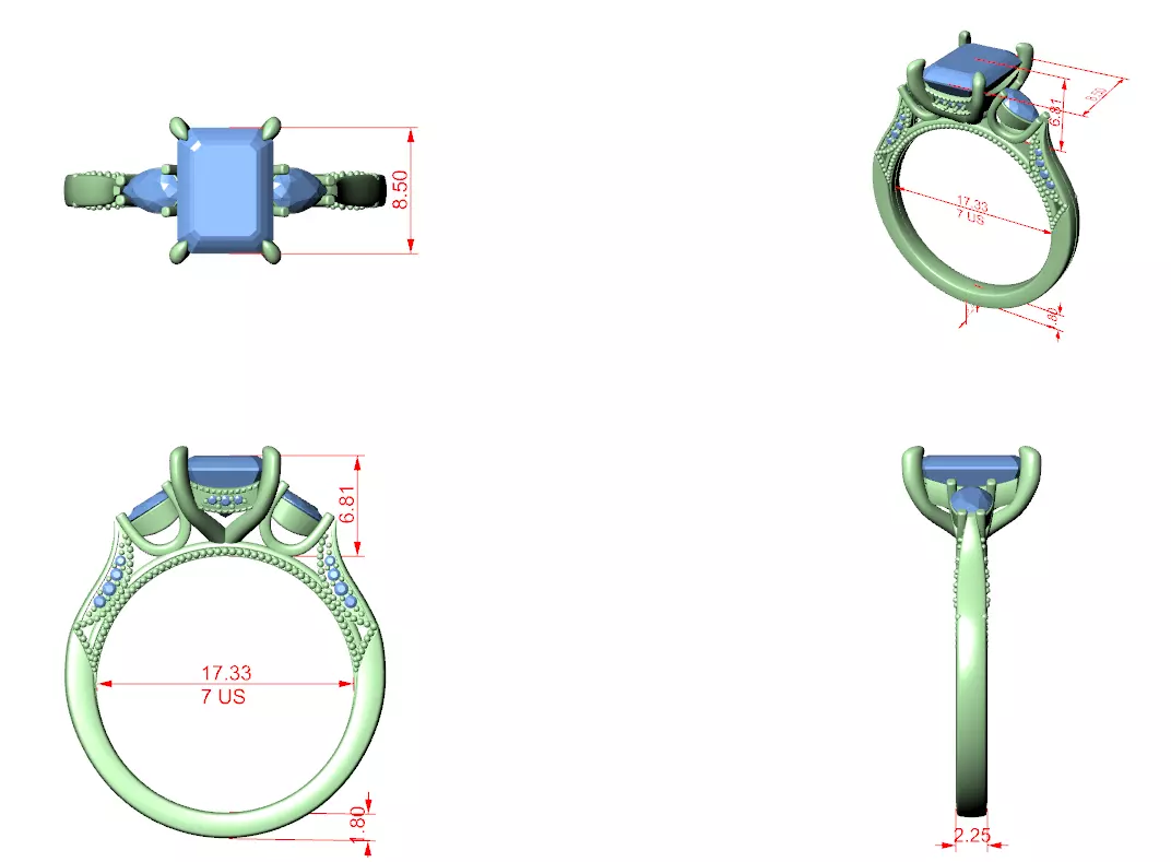 Emerald and Pear Cut Diamond Engagement Ring 3DM STL Video 3D print model_12