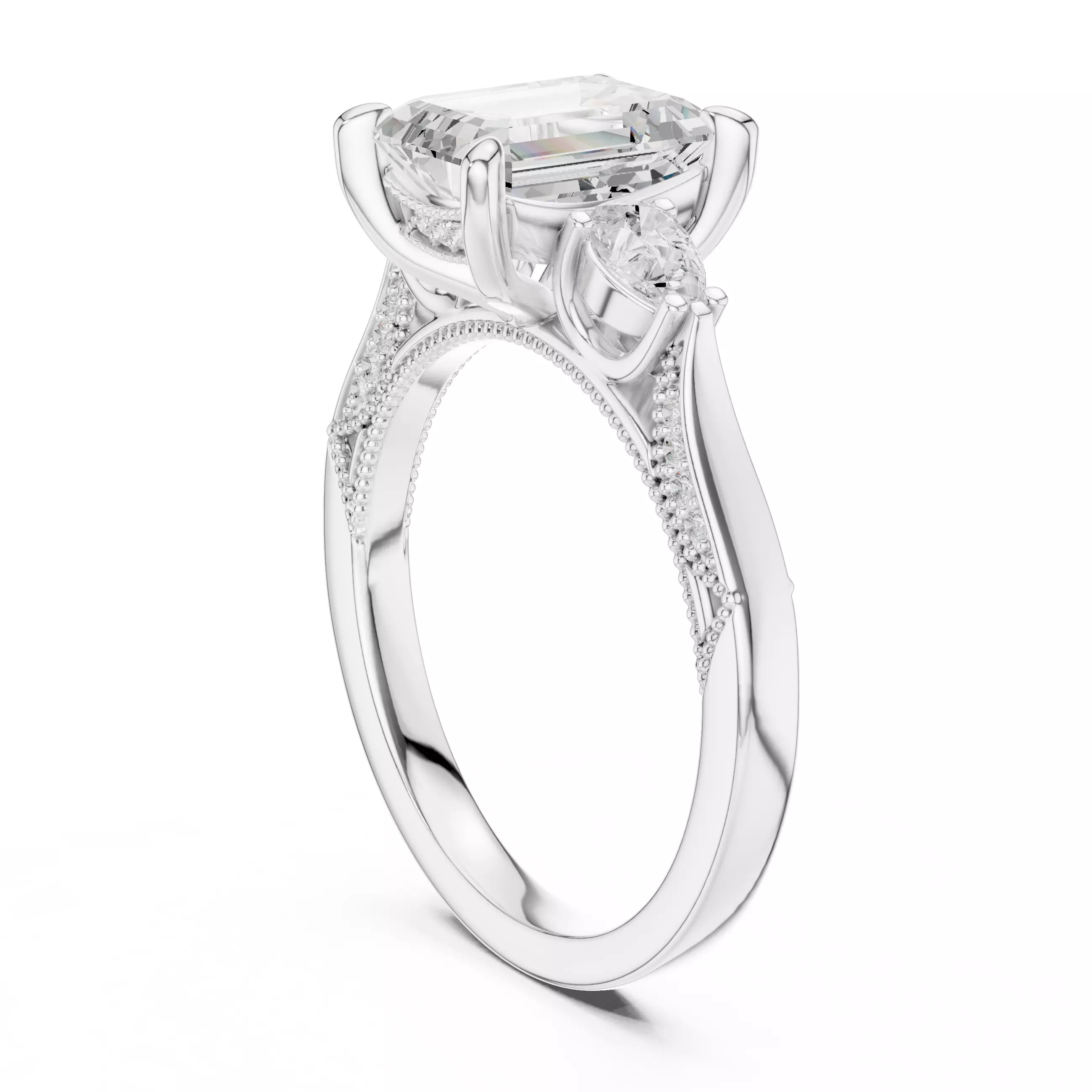 Emerald and Pear Cut Diamond Engagement Ring 3DM STL Video 3D print model_9