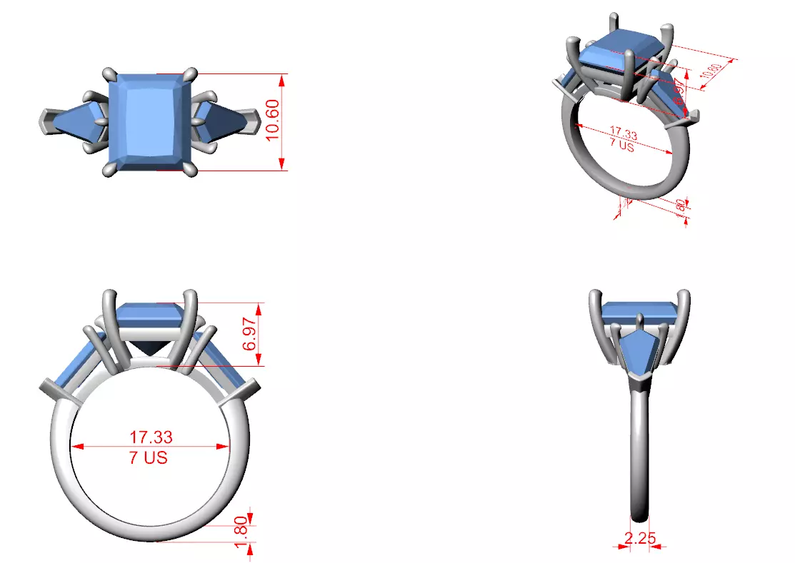 Three Stone Radiant Cut and Kite Cut Wedding Ring 3DM STL Video 3D print model_12