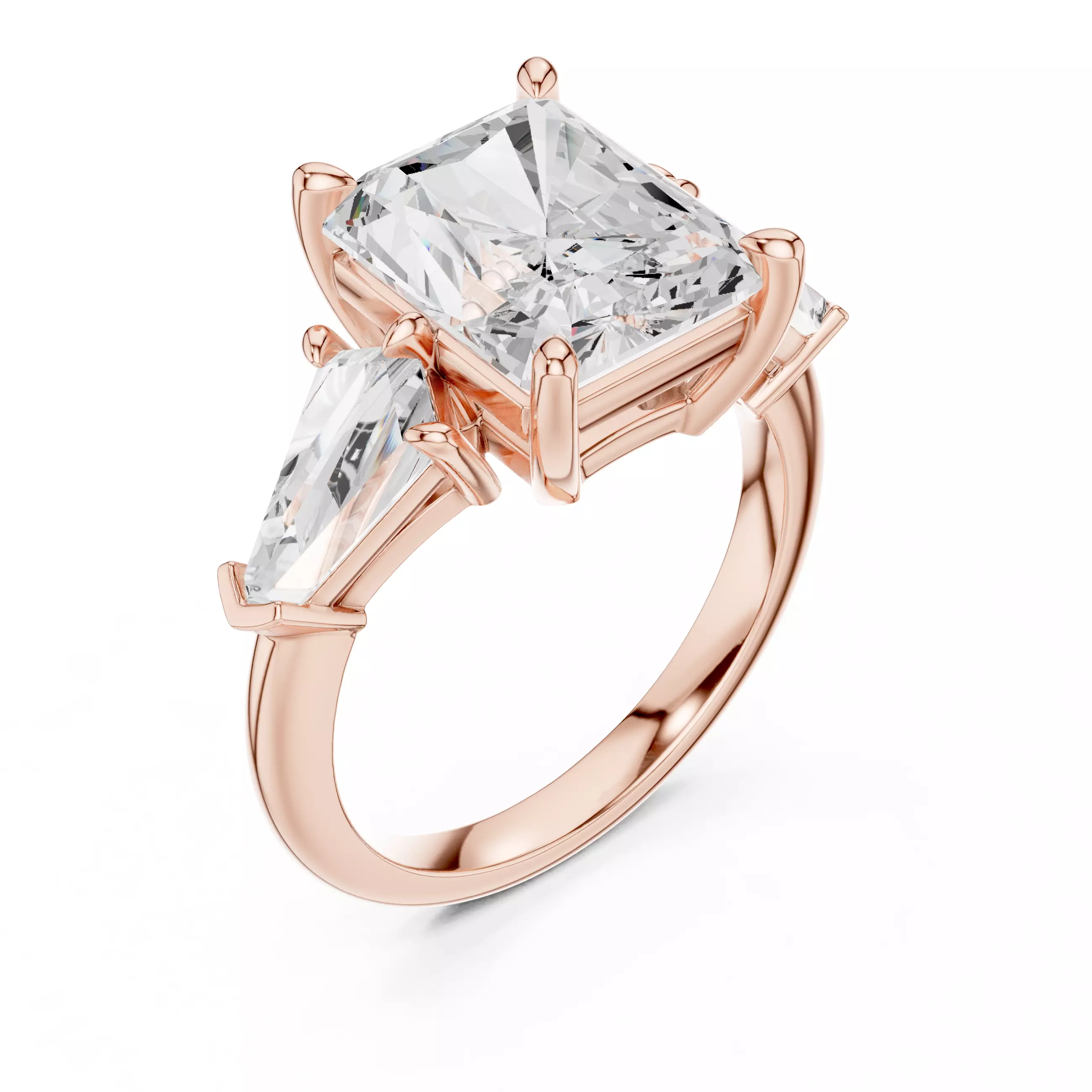 Three Stone Radiant Cut and Kite Cut Wedding Ring 3DM STL Video 3D print model_4