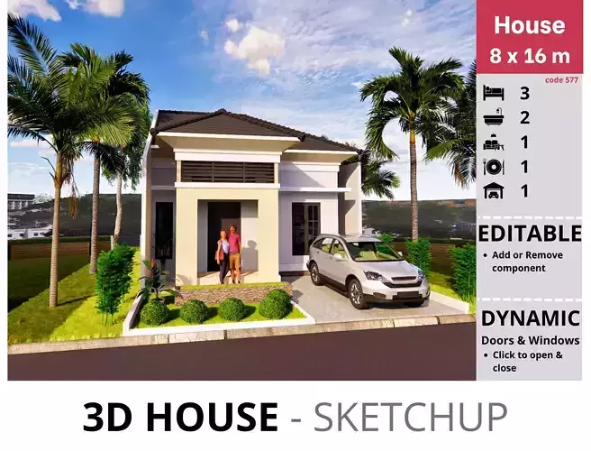 House 8x16m code 577 - Sketchup 3D model 3D model