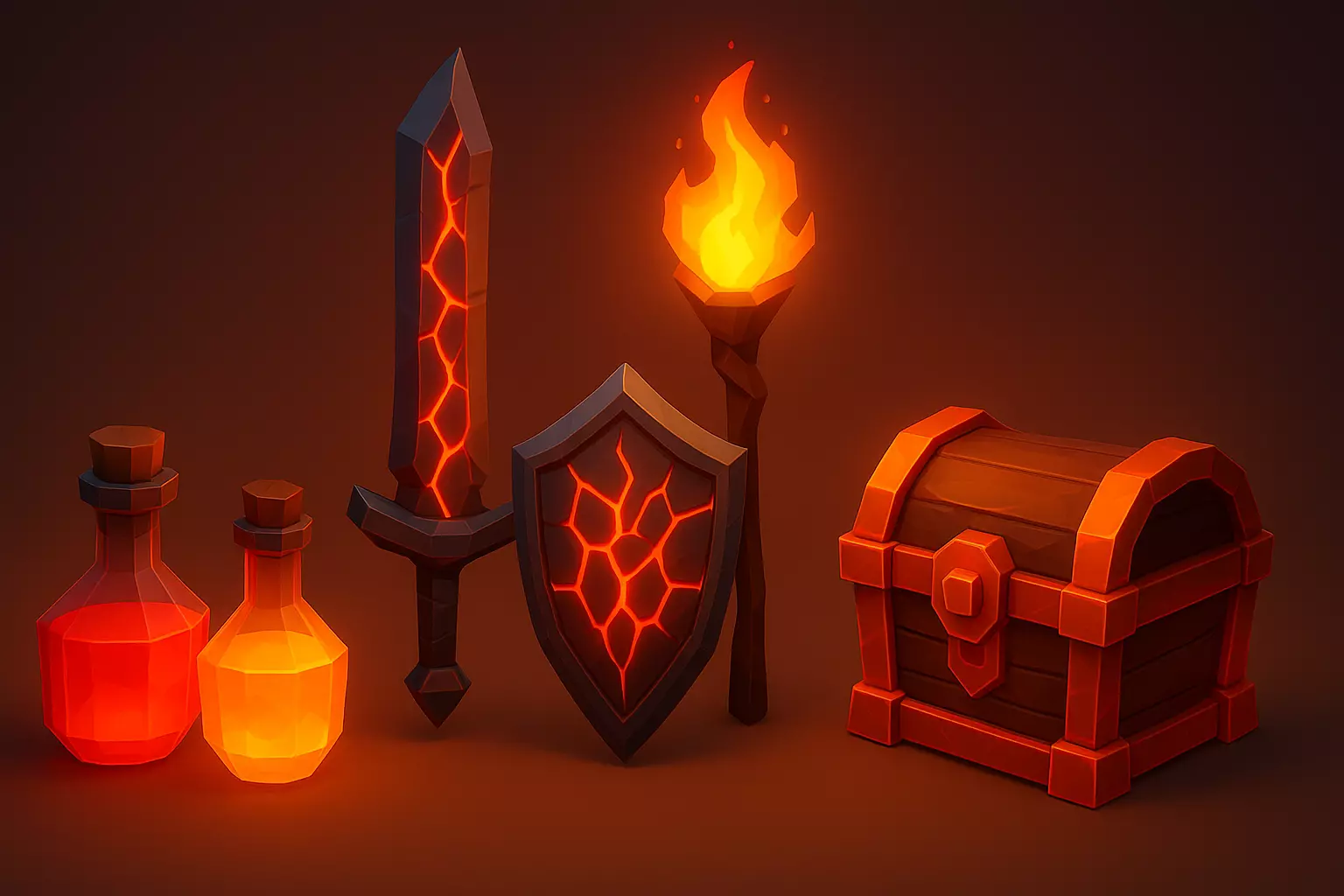 Low Poly Fire Fantasy Props Pack RPG Weapons Potions 3D print model_3