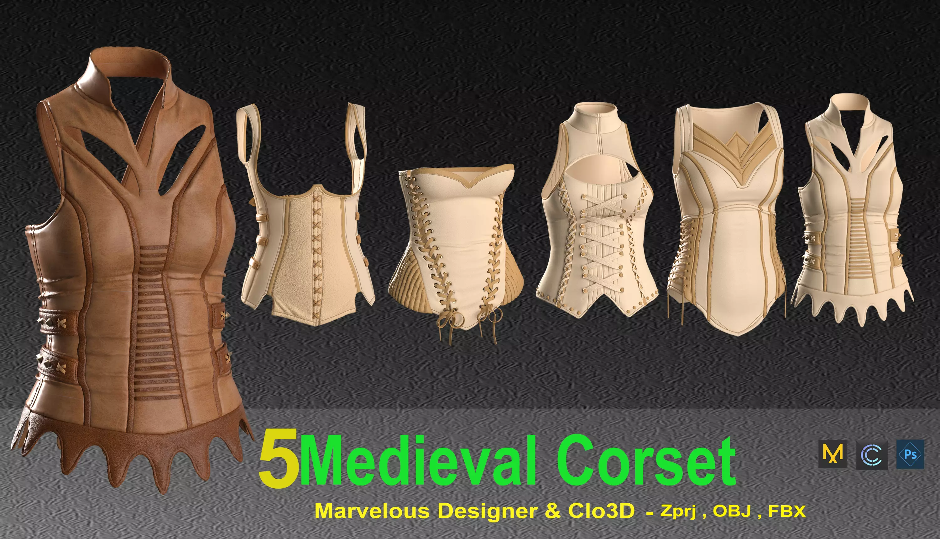 5 Women Medieval Corset 3D model