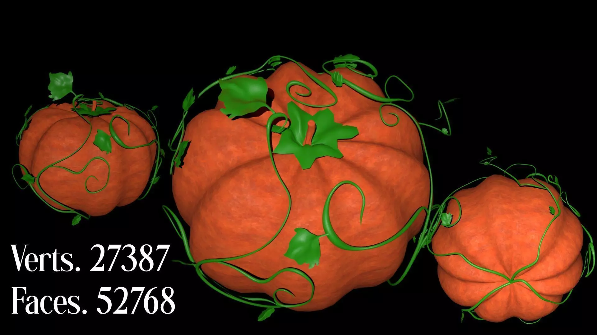 Realistic Pumpkin 3D Model with Vines and Leaves Halloween Low-poly 3D model_0