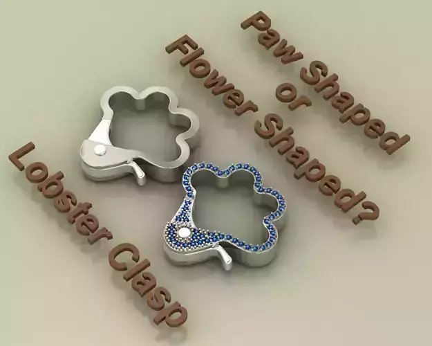 Paw Shaped or Flower Shaped Lobster Clasp set plain and Gem lock 3D print model