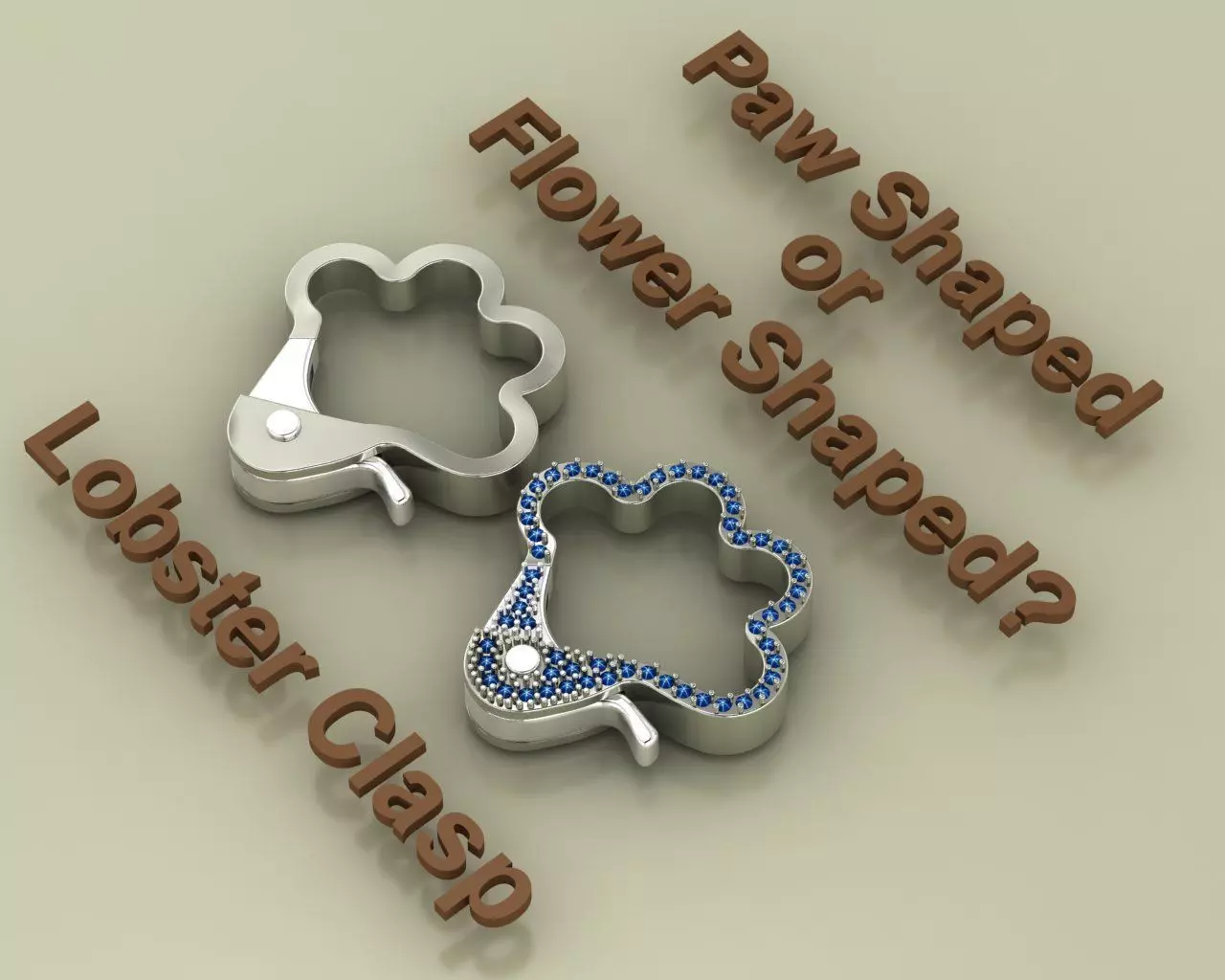 Paw Shaped or Flower Shaped Lobster Clasp set plain and Gem lock 3D print model_0