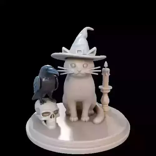 2205  Witch Cat Composition  Skull   Raven  Candleholder
