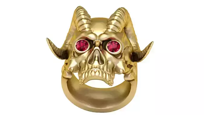 Golden Demon Skull Ring with Ruby Eyes