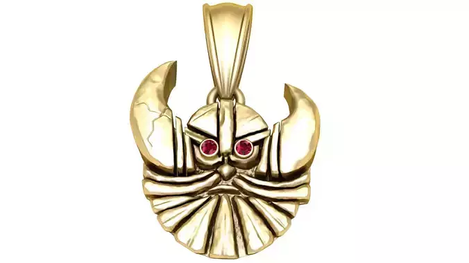 Golden Samurai Warrior Face Pendant with Ruby Eyes