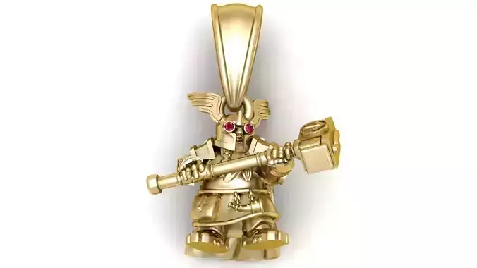 Golden Dwarf Warrior Pendant with Ruby Eyes and Hammer 