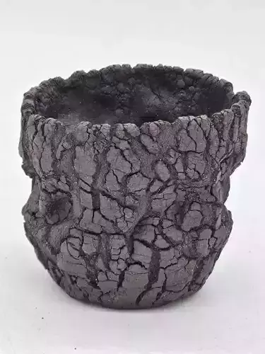 Cracked Black Ceramic Pot Textured Volcanic Rock Planter Low-poly 3D model