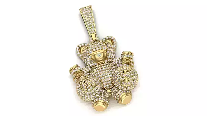 Teddy Bear Gold Pendant with Stones Unique 3D Jewelry Design