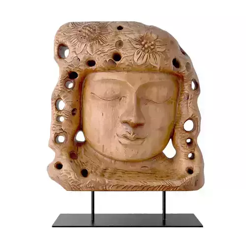 Hand-Carved Teak Buddha Head Statue