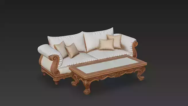 Ornate Living Room Set 3D Model - Sofa and Table