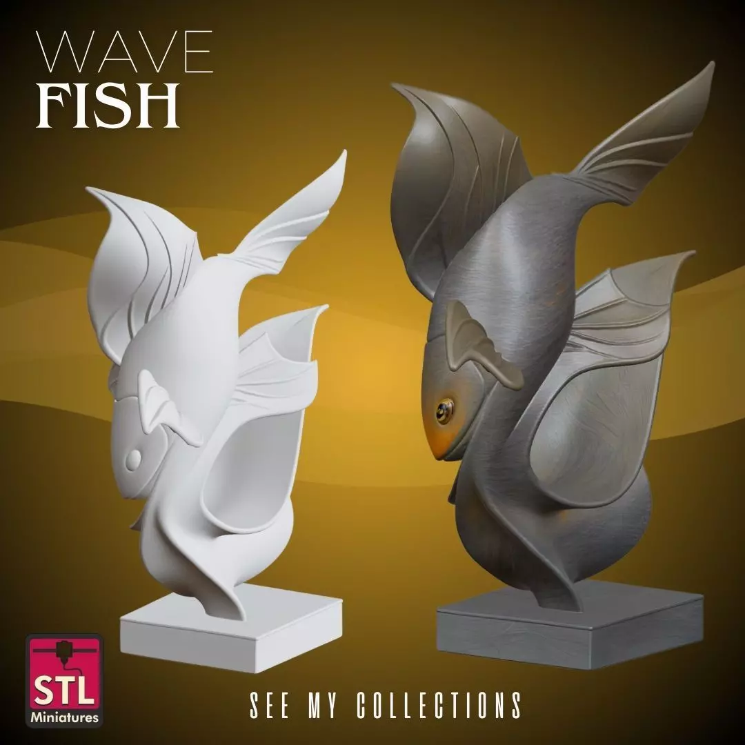 Japanese Fish and Wave Sculpture STL Modern Minimal 3D print model_1