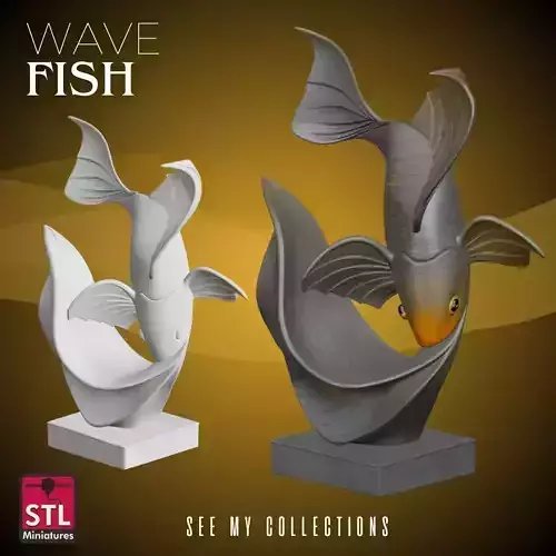 Japanese Fish and Wave Sculpture STL Modern Minimal