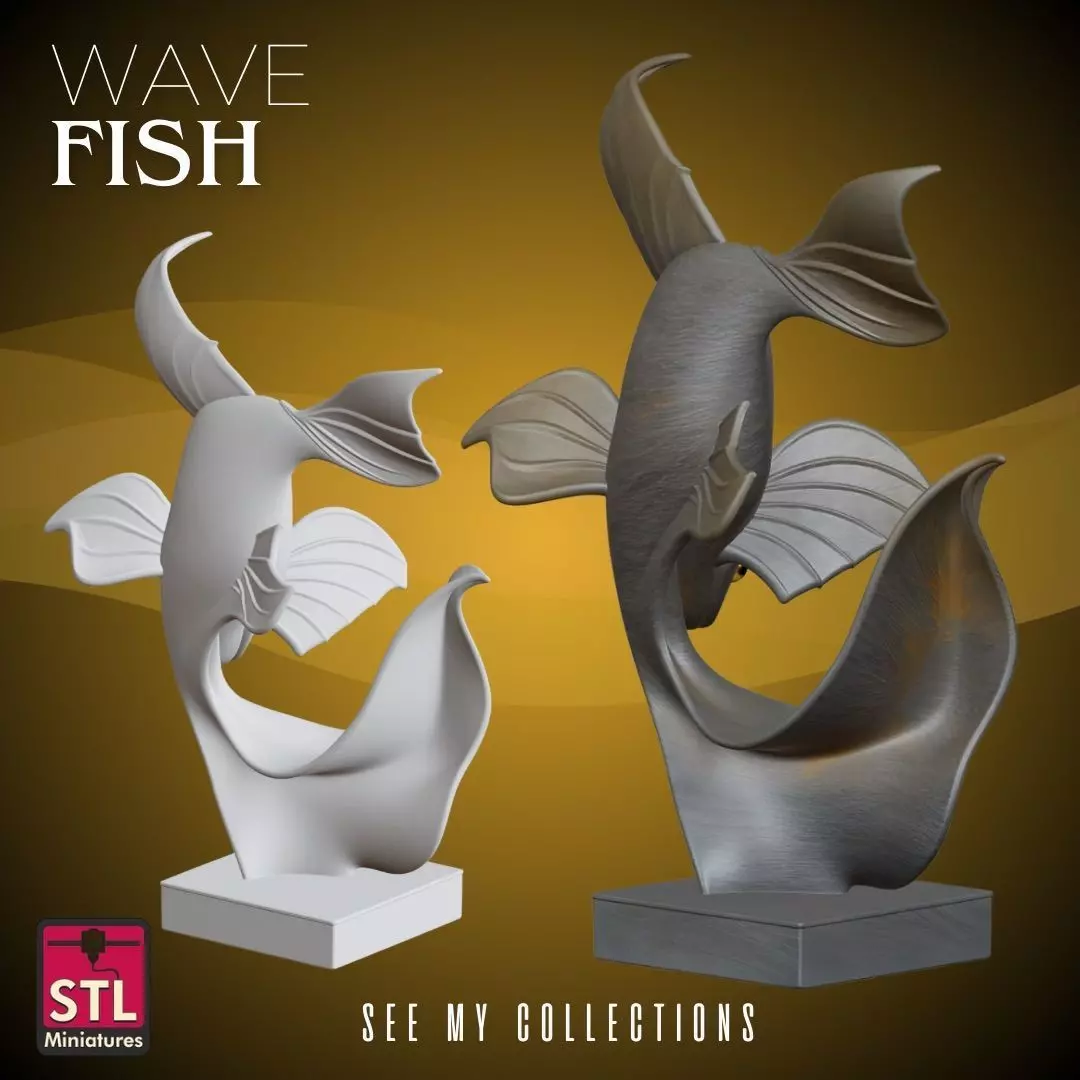 Japanese Fish and Wave Sculpture STL Modern Minimal 3D print model_2