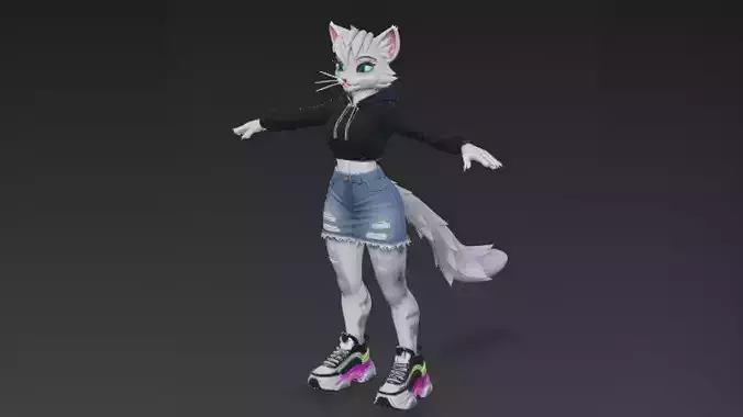 Cartoon Furry Gray Cat Character PBR 3D Model