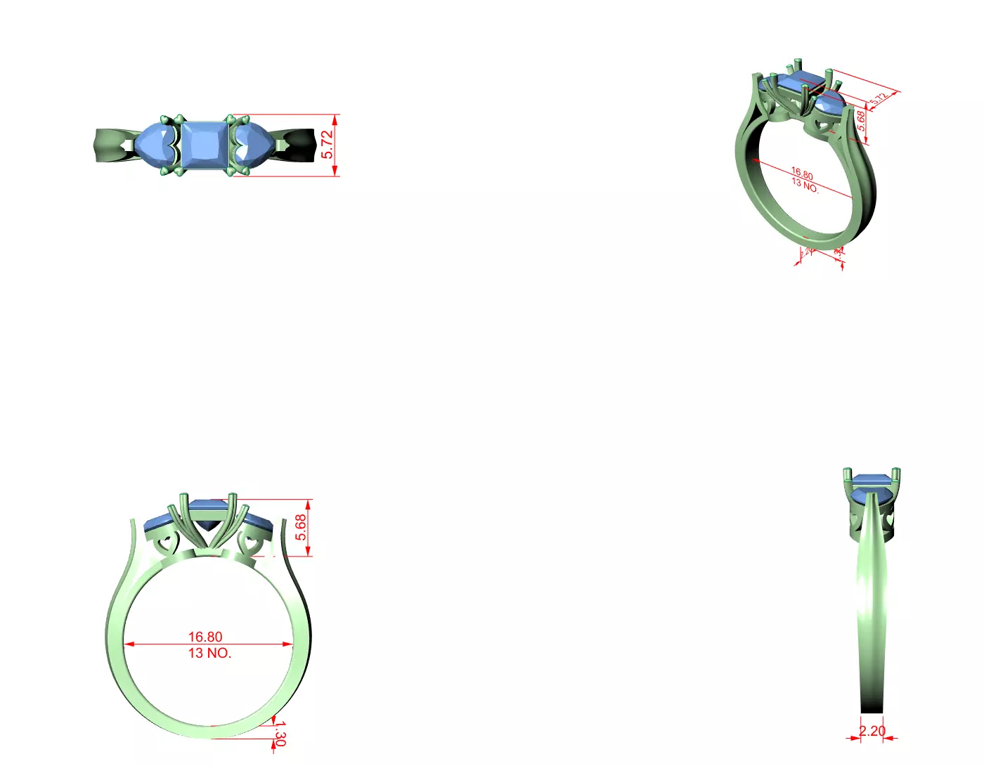 Three Stone Princess and Heart Cut Diamond Ring 3DM STL Video 3D print model_12