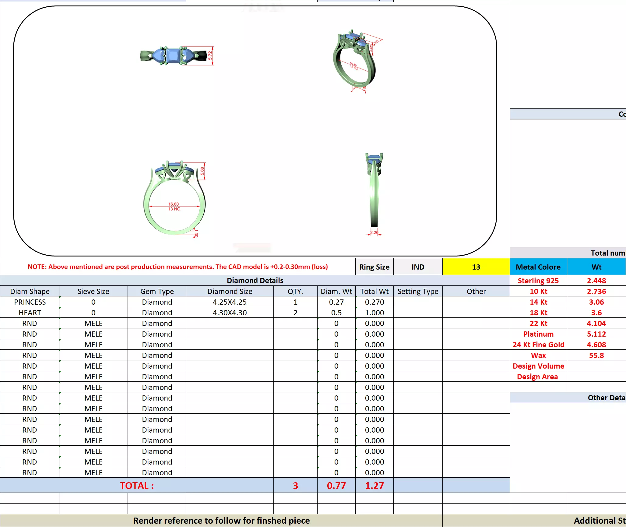 Three Stone Princess and Heart Cut Diamond Ring 3DM STL Video 3D print model_13