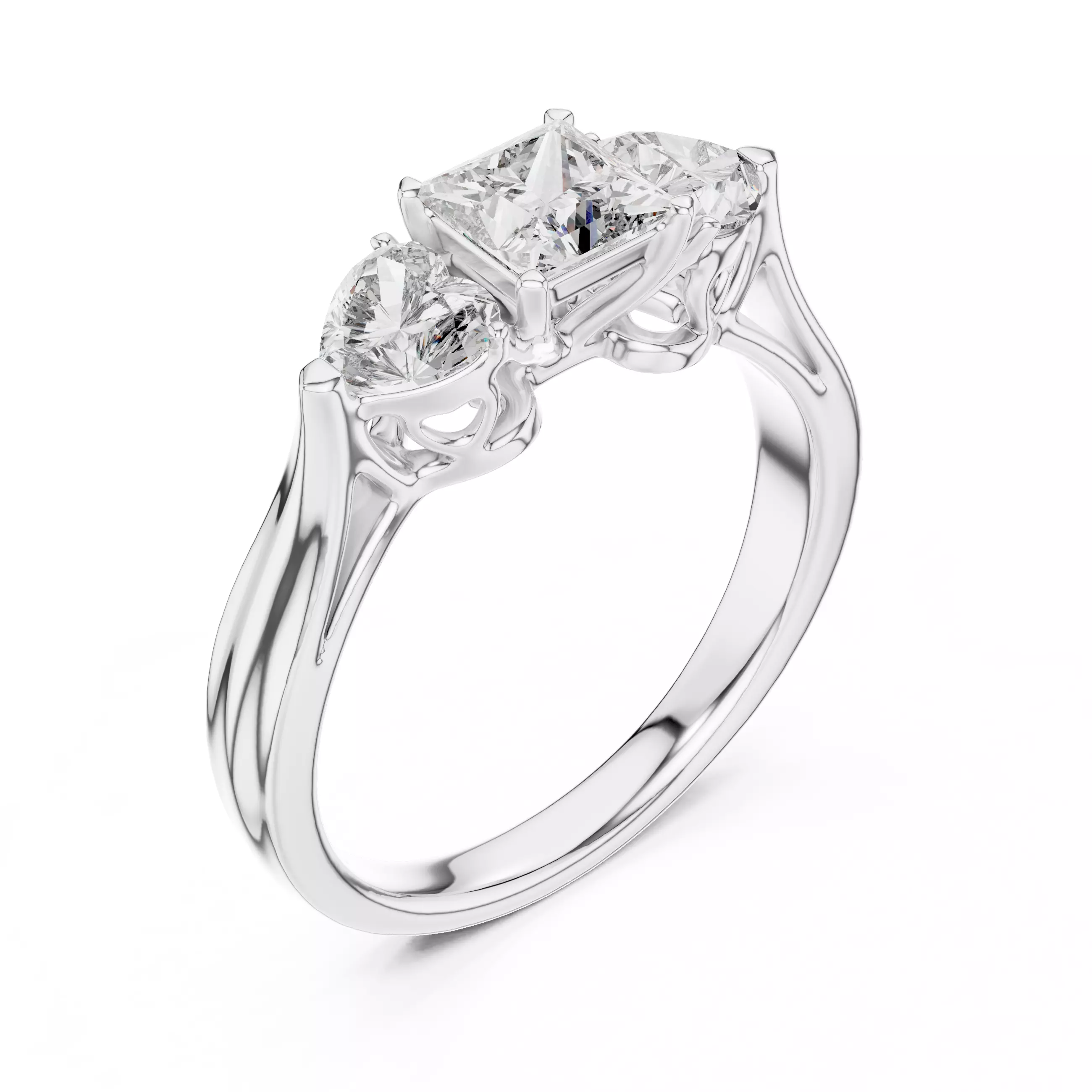 Three Stone Princess and Heart Cut Diamond Ring 3DM STL Video 3D print model_10